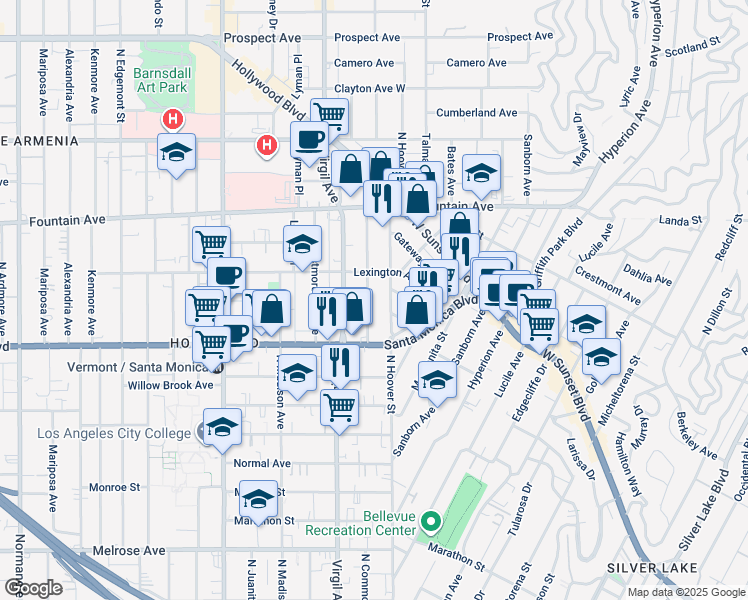map of restaurants, bars, coffee shops, grocery stores, and more near 1150 North Commonwealth Avenue in Los Angeles