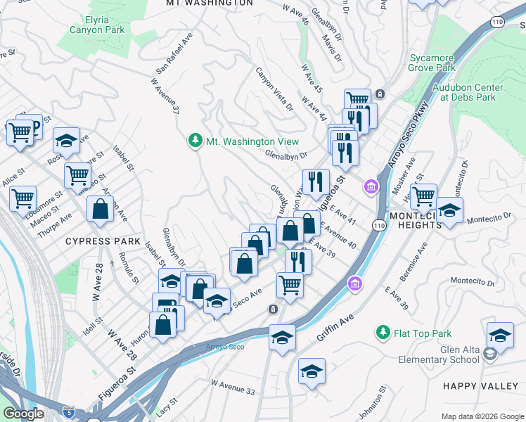 map of restaurants, bars, coffee shops, grocery stores, and more near 3869 Glenalbyn Drive in Los Angeles