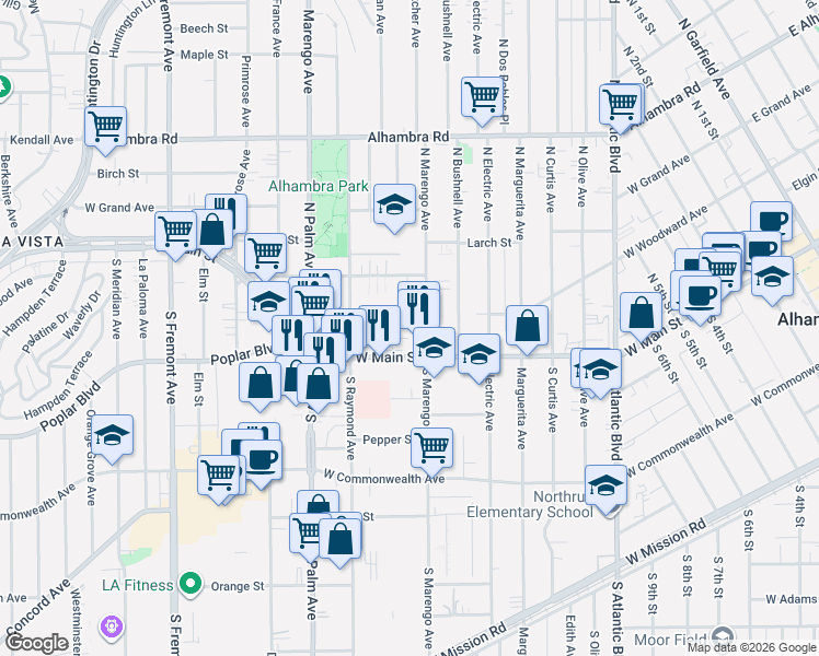 map of restaurants, bars, coffee shops, grocery stores, and more near 1712 Vine Street in Alhambra