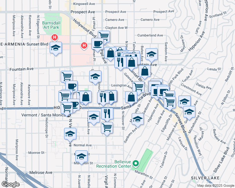 map of restaurants, bars, coffee shops, grocery stores, and more near 1150 North Commonwealth Avenue in Los Angeles