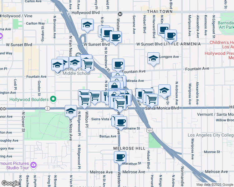 map of restaurants, bars, coffee shops, grocery stores, and more near 1151 Virginia Avenue in Los Angeles