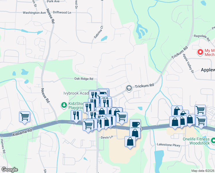 map of restaurants, bars, coffee shops, grocery stores, and more near 136 Aucilla Lane in Woodstock