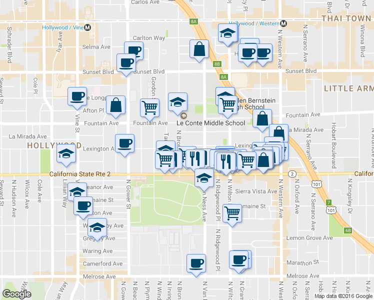 map of restaurants, bars, coffee shops, grocery stores, and more near 5842 Lexington Avenue in Los Angeles