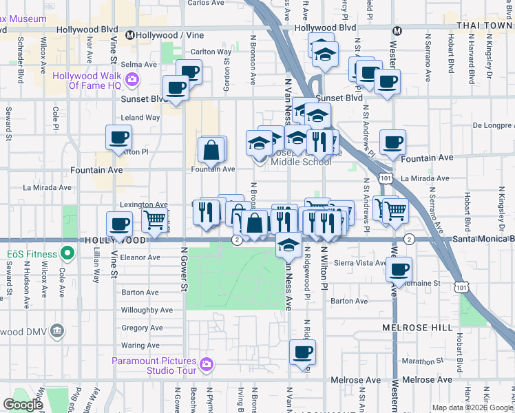 map of restaurants, bars, coffee shops, grocery stores, and more near 6071/2 North Bronson Avenue in Los Angeles