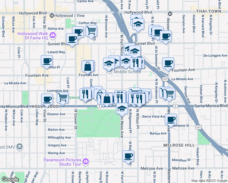map of restaurants, bars, coffee shops, grocery stores, and more near 5828 Lexington Avenue in Los Angeles