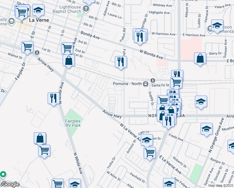 map of restaurants, bars, coffee shops, grocery stores, and more near 2755 Arrow Highway in La Verne