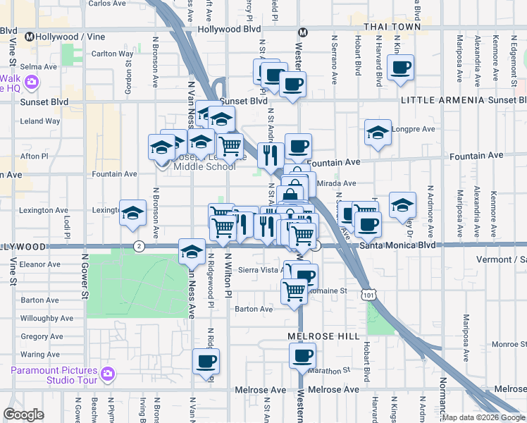 map of restaurants, bars, coffee shops, grocery stores, and more near 5612 Lexington Avenue in Los Angeles