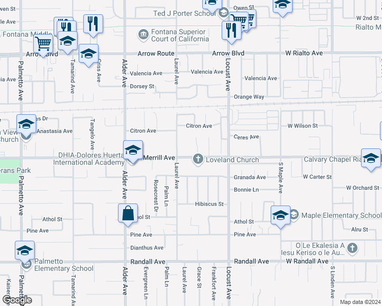 map of restaurants, bars, coffee shops, grocery stores, and more near 17962 Merrill Avenue in Fontana
