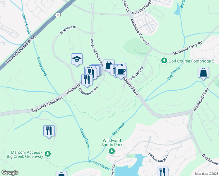 map of restaurants, bars, coffee shops, grocery stores, and more near 4125 Windward Plaza in Alpharetta