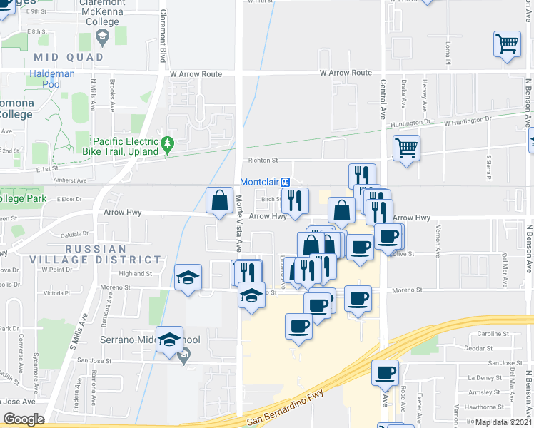 map of restaurants, bars, coffee shops, grocery stores, and more near 5001 East Arrow Highway in Montclair