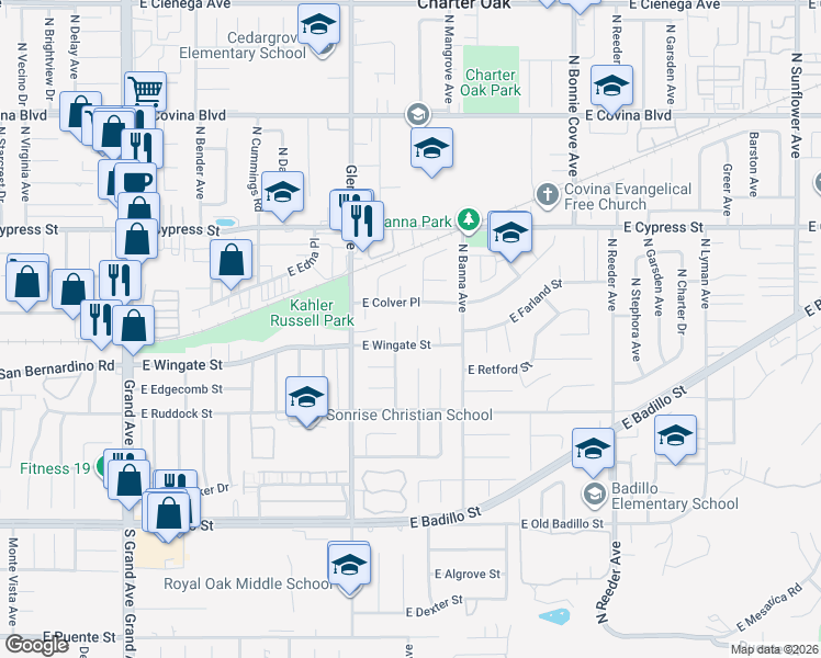map of restaurants, bars, coffee shops, grocery stores, and more near 602 Rimhurst Avenue in Covina