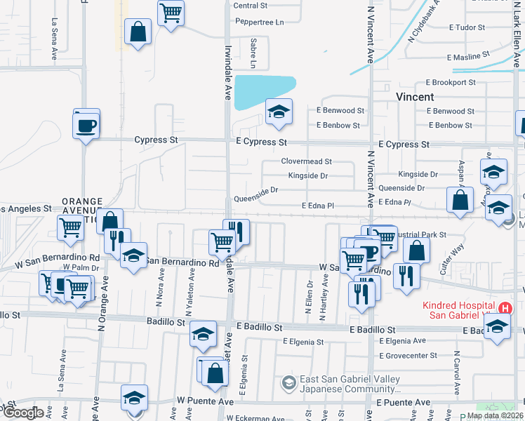 map of restaurants, bars, coffee shops, grocery stores, and more near 16103 East Ballentine Place in Covina