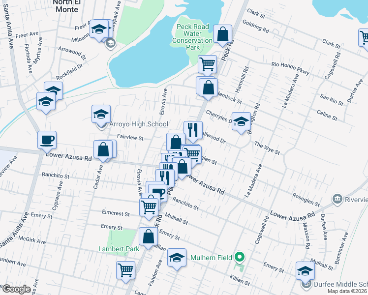 map of restaurants, bars, coffee shops, grocery stores, and more near 11629 Lower Azusa Road in El Monte