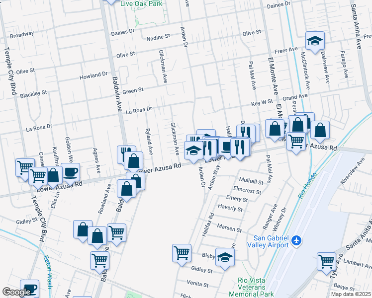 map of restaurants, bars, coffee shops, grocery stores, and more near 10221 Lower Azusa Road in Temple City