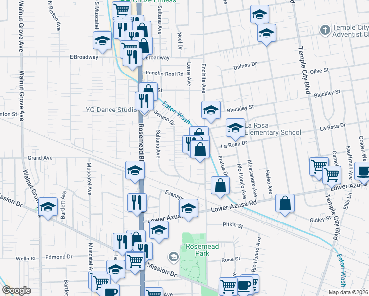 map of restaurants, bars, coffee shops, grocery stores, and more near 5058 Sereno Drive in Temple City