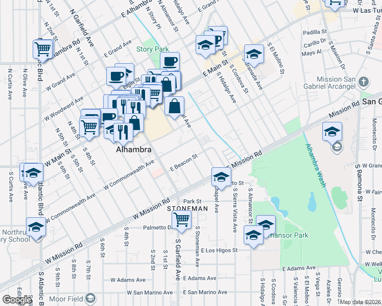map of restaurants, bars, coffee shops, grocery stores, and more near 120 East Beacon Street in Alhambra
