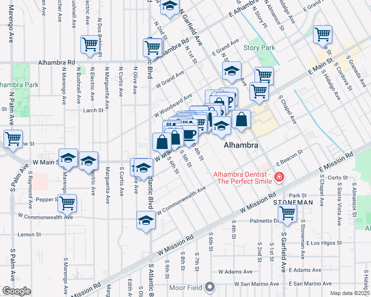 map of restaurants, bars, coffee shops, grocery stores, and more near 428 West Main Street in Alhambra