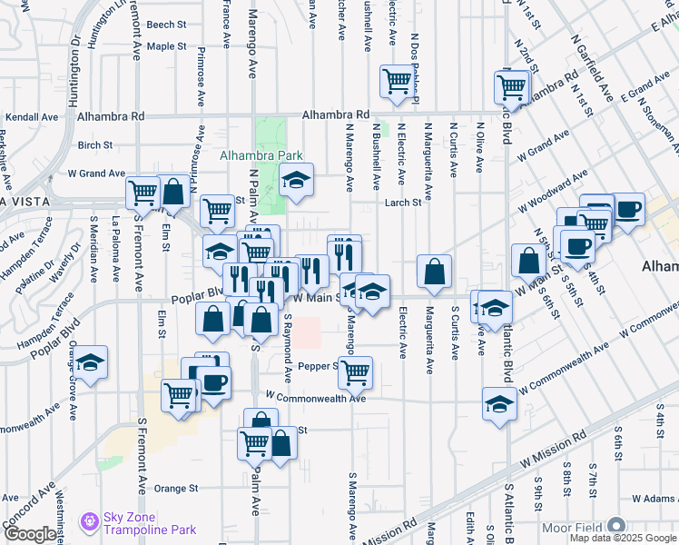 map of restaurants, bars, coffee shops, grocery stores, and more near 1811 West Main Street in Alhambra