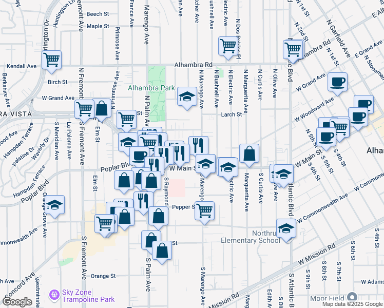map of restaurants, bars, coffee shops, grocery stores, and more near 1811 West Main Street in Alhambra