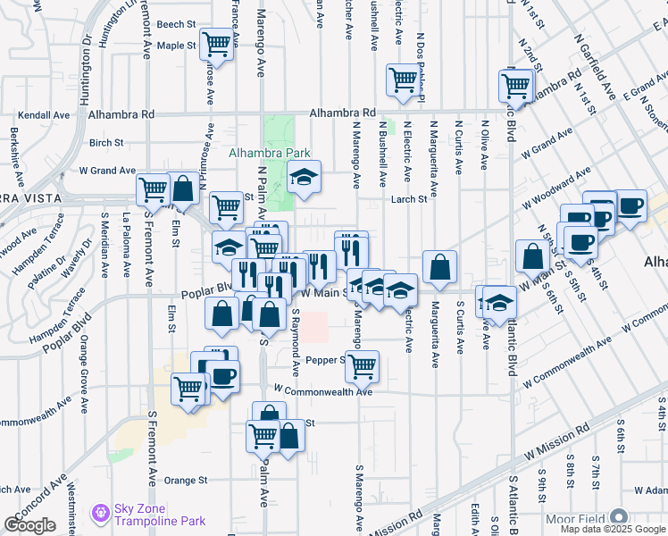 map of restaurants, bars, coffee shops, grocery stores, and more near 1811 West Main Street in Alhambra