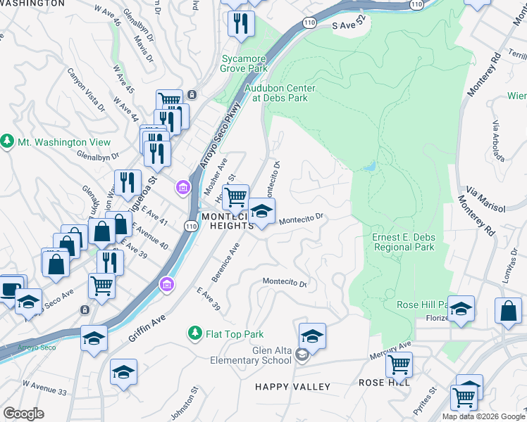 map of restaurants, bars, coffee shops, grocery stores, and more near 535 Montecito Drive in Los Angeles