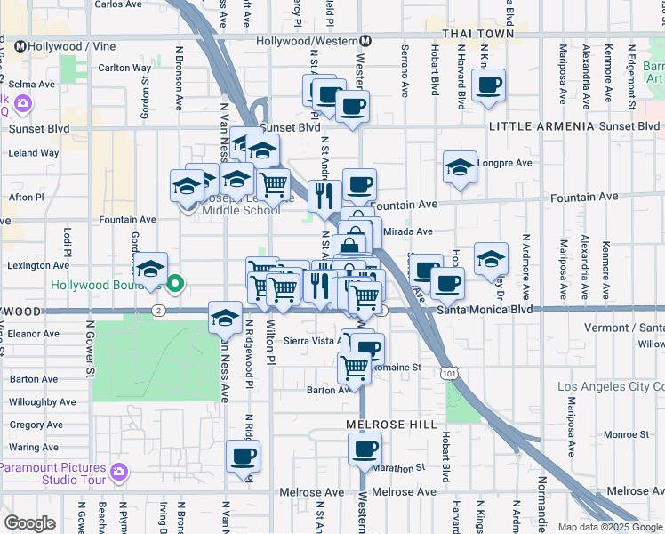 map of restaurants, bars, coffee shops, grocery stores, and more near 5603 Virginia Avenue in Los Angeles