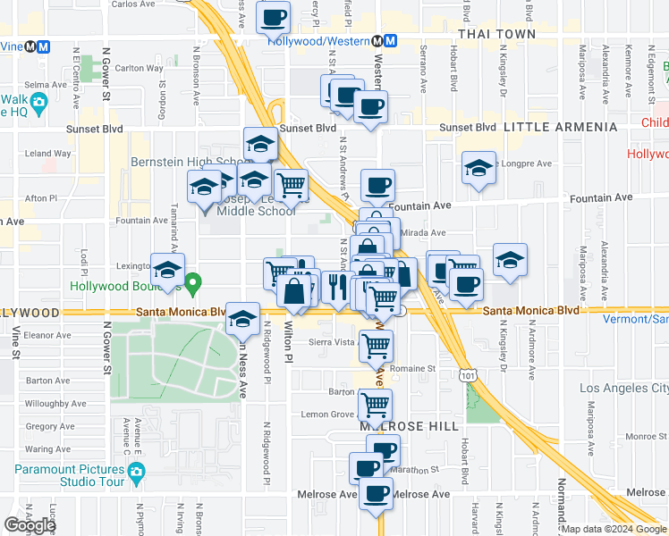 map of restaurants, bars, coffee shops, grocery stores, and more near 5603 Virginia Avenue in Los Angeles