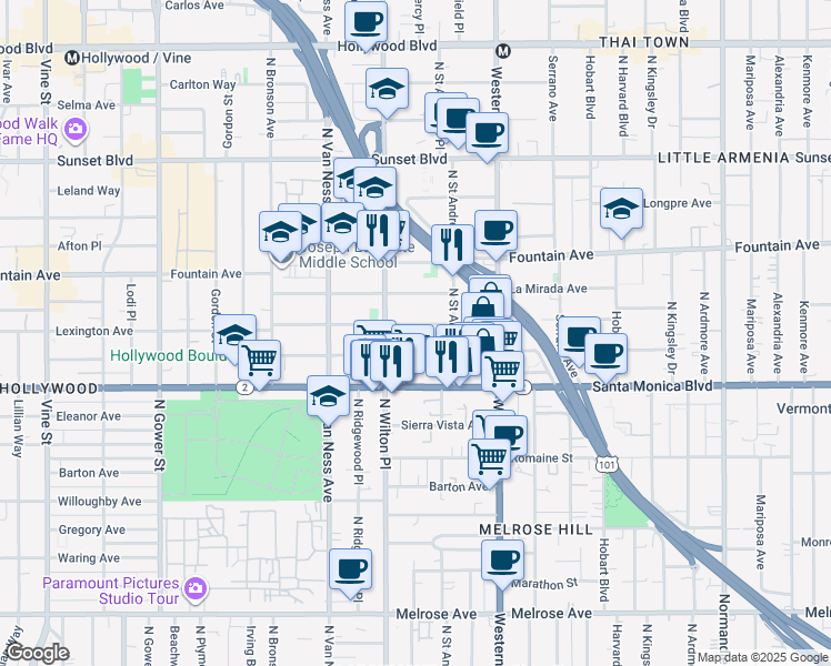 map of restaurants, bars, coffee shops, grocery stores, and more near 5645 Virginia Avenue in Los Angeles
