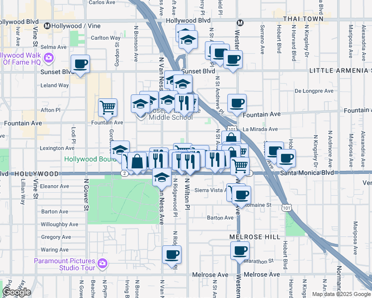 map of restaurants, bars, coffee shops, grocery stores, and more near 5707 Virginia Avenue in Los Angeles