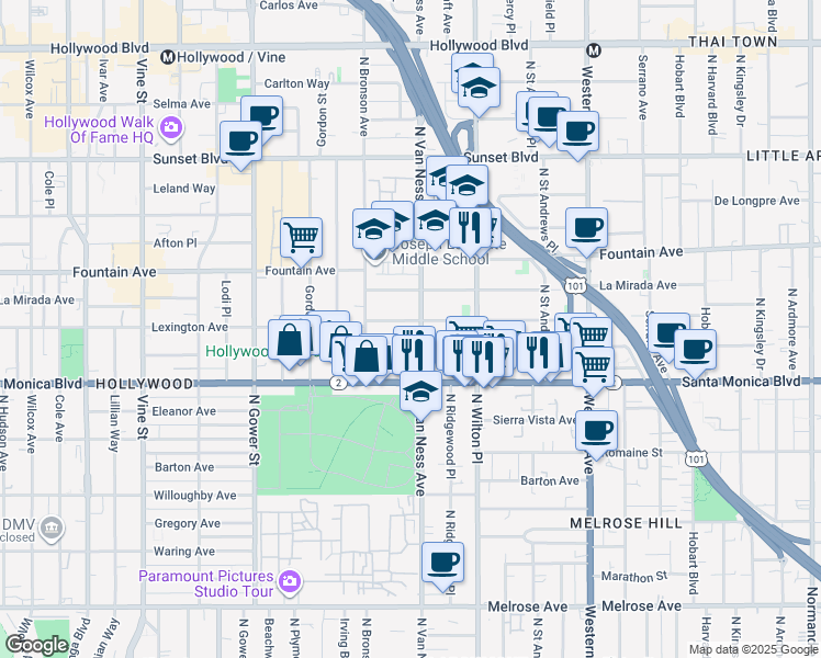 map of restaurants, bars, coffee shops, grocery stores, and more near 5753 Virginia Avenue in Los Angeles