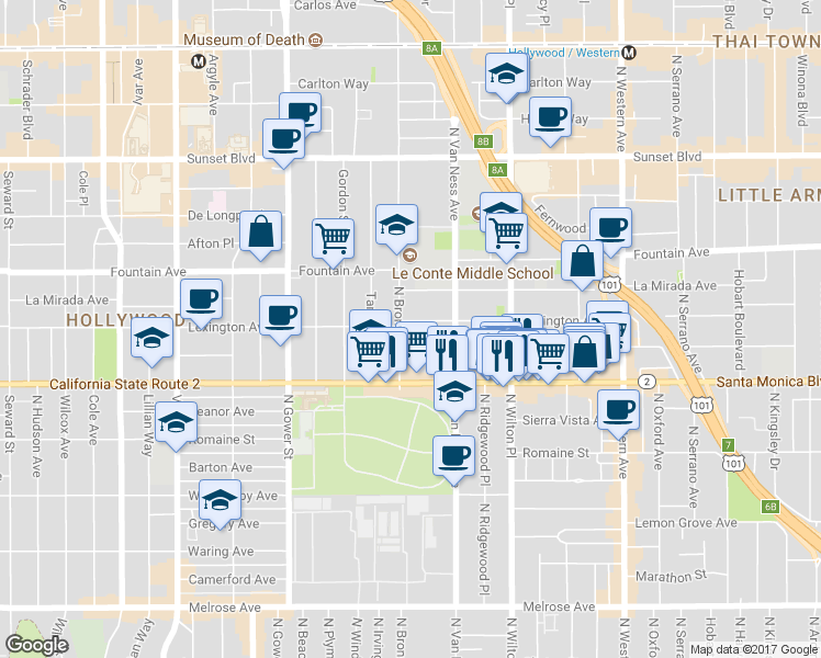 map of restaurants, bars, coffee shops, grocery stores, and more near 5831 Virginia Avenue in Los Angeles