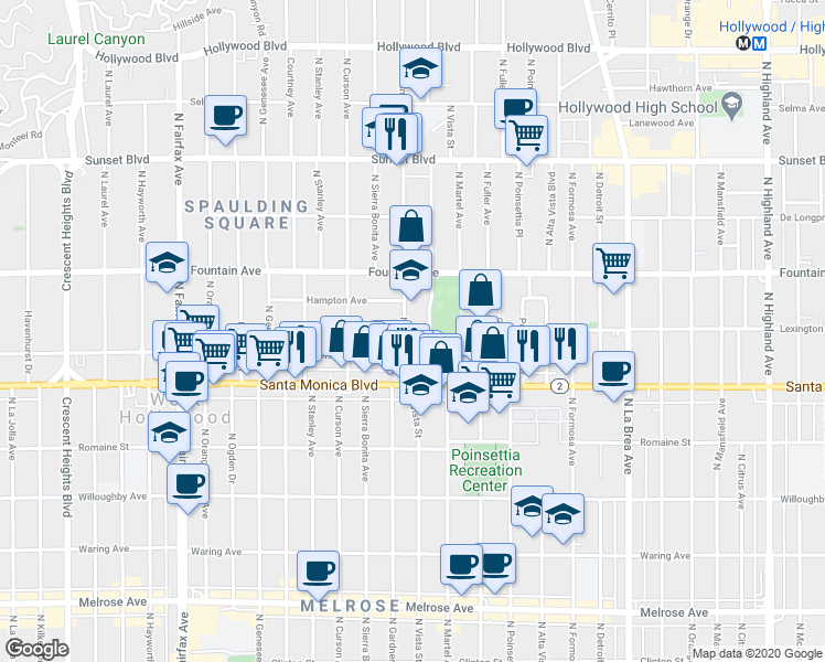 map of restaurants, bars, coffee shops, grocery stores, and more near 1147 North Gardner Street in Los Angeles