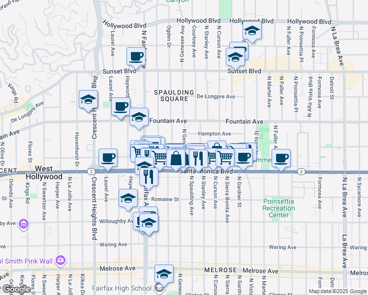 map of restaurants, bars, coffee shops, grocery stores, and more near 7725 Norton Avenue in West Hollywood