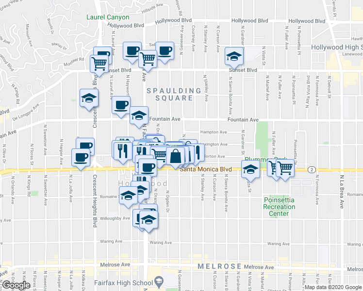map of restaurants, bars, coffee shops, grocery stores, and more near 1136 North Ogden Drive in West Hollywood