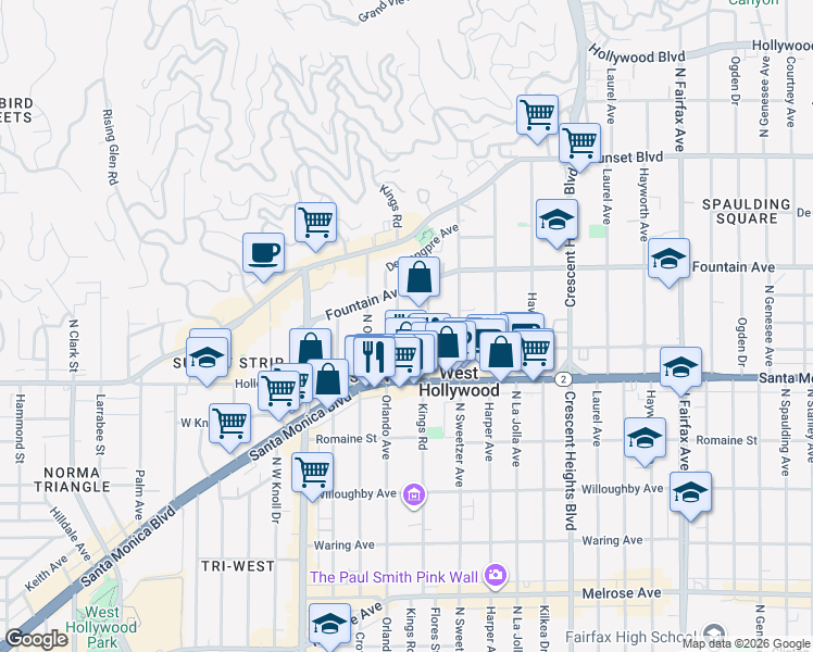 map of restaurants, bars, coffee shops, grocery stores, and more near 1210 North Kings Road in West Hollywood