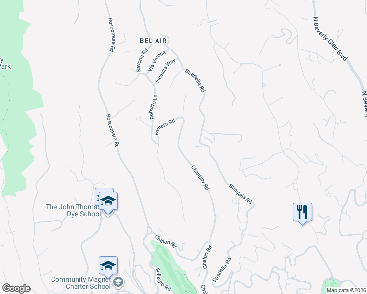 map of restaurants, bars, coffee shops, grocery stores, and more near 1100 Chantilly Road in Los Angeles