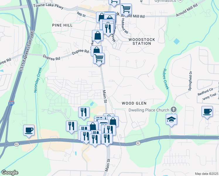 map of restaurants, bars, coffee shops, grocery stores, and more near 105 Bowles Drive in Woodstock