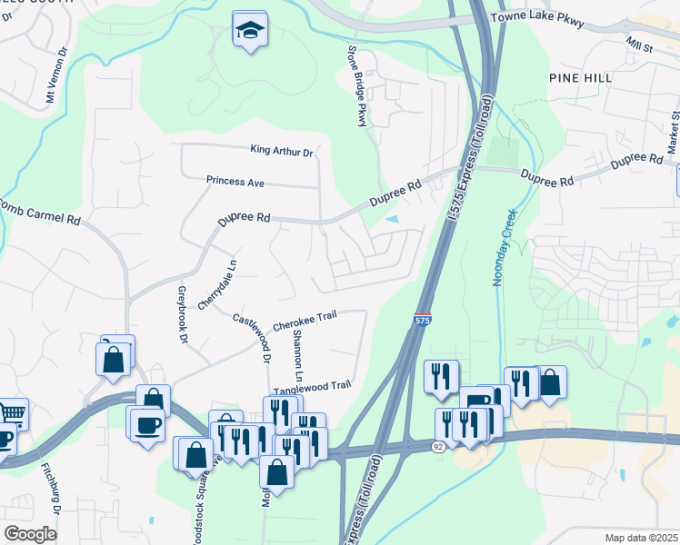 map of restaurants, bars, coffee shops, grocery stores, and more near 91 Batten Board Way in Woodstock