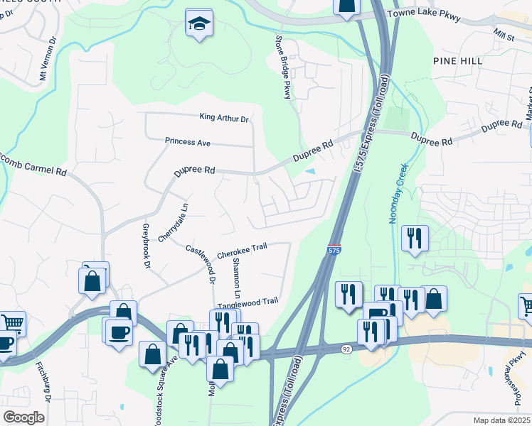 map of restaurants, bars, coffee shops, grocery stores, and more near 209 Prairie Lane in Woodstock