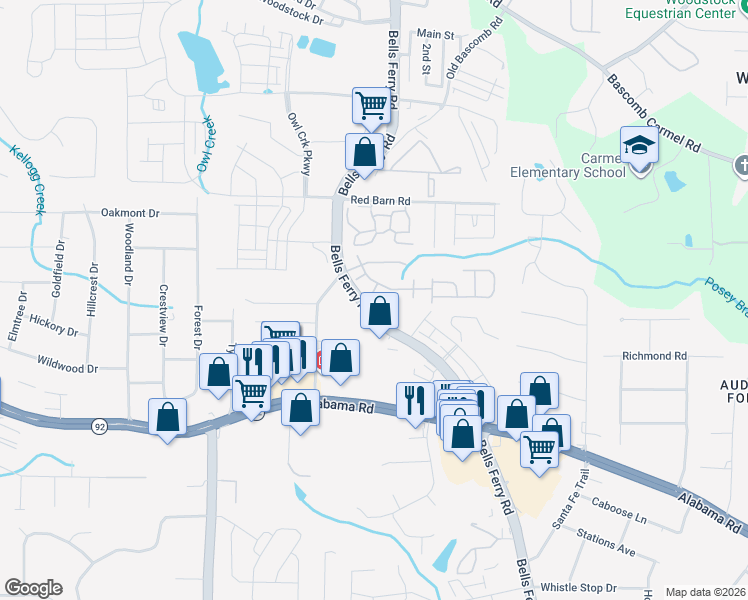 map of restaurants, bars, coffee shops, grocery stores, and more near 511 Camellia Court in Acworth