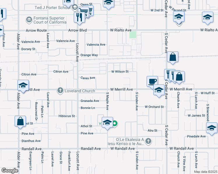 map of restaurants, bars, coffee shops, grocery stores, and more near 515 South Maple Avenue in Fontana