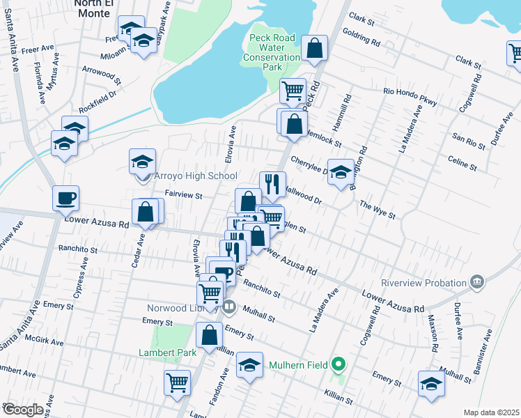 map of restaurants, bars, coffee shops, grocery stores, and more near 4849 Peck Road in El Monte