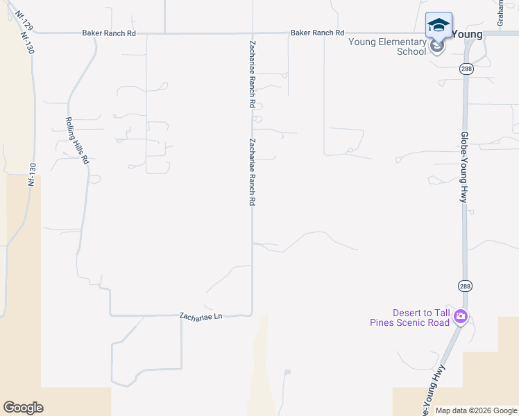 map of restaurants, bars, coffee shops, grocery stores, and more near Zachariae Ranch Road in Young