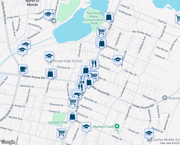 map of restaurants, bars, coffee shops, grocery stores, and more near 11629 Lower Azusa Road in El Monte