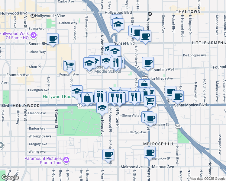 map of restaurants, bars, coffee shops, grocery stores, and more near 5707 Virginia Avenue in Los Angeles