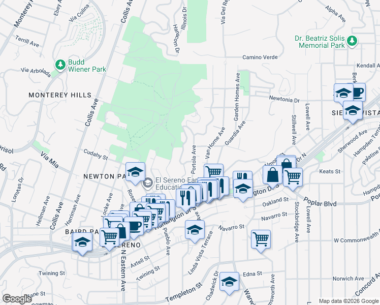 map of restaurants, bars, coffee shops, grocery stores, and more near 4018 Jennings Drive in Los Angeles