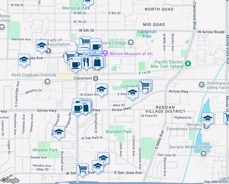 map of restaurants, bars, coffee shops, grocery stores, and more near 145 East Green Street in Claremont