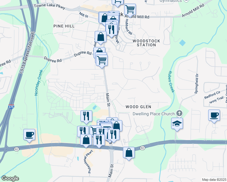 map of restaurants, bars, coffee shops, grocery stores, and more near 105 Bowles Drive in Woodstock