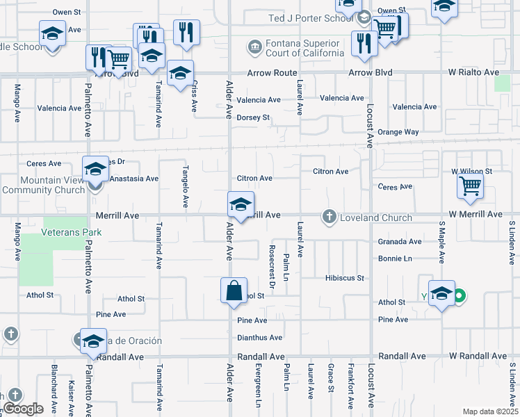 map of restaurants, bars, coffee shops, grocery stores, and more near 17790 Merrill Avenue in Fontana