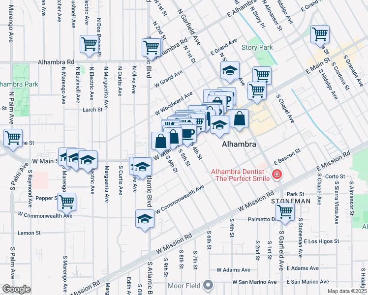 map of restaurants, bars, coffee shops, grocery stores, and more near 428 West Main Street in Alhambra